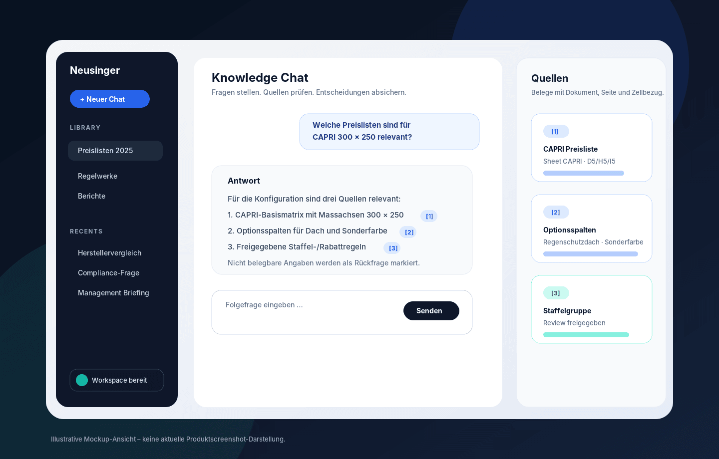 Illustrative Oberfläche für Knowledge Chat mit Quellenpanel